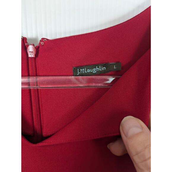 J. McLaughlin Red Ponte Knit Dress Split Neck ¾ Tulip Sleeve Stretch Work Large - Picture 4 of 8